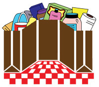 The Dedham Food Pantry logo which is three full grocery bags on a red-and-white checked tablecloth.